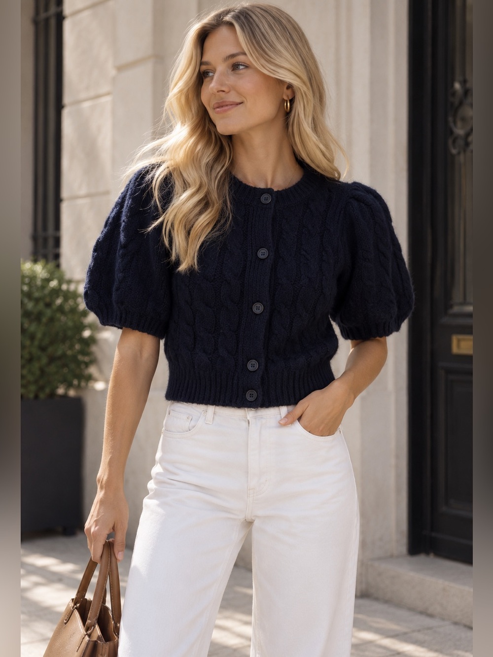 CeCe Navy Cable Knit Puff-Sleeve Button Cardigan